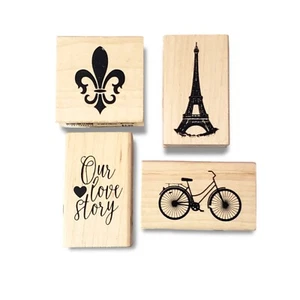 Paris Theme Rubber Stamps - Eiffel Tower, Vintage Bike, & Love Story Stamp - Picture 1 of 3