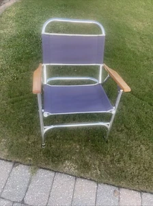 Vintage Folding Aluminum Lawn Chair Beach Patio Canvas Nautical Blue Wood Handle - Picture 1 of 6