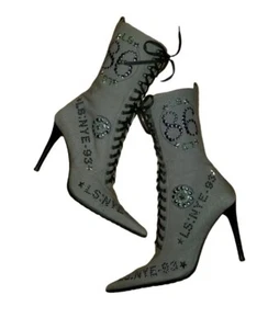Super Rare Le Silla Military Crystal Bling Studs J-lo High Heel Booties Boots 37 - Picture 1 of 7