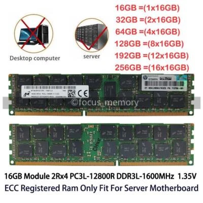 Micron 16GB/32GB/64GB DDR3-1600MHz PC3L-12800R 2Rx4 REG ECC Server Ram 1.35V Lot - Image 1 of 4