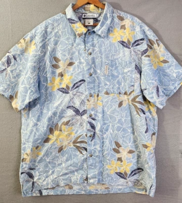 Camisa Columbia Para Hombre Mezcla de Lino Azul Claro y Amarillo Estampado Hawaiano XL Foto 1 de 4