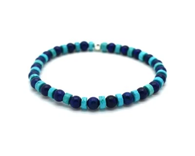 Mens Bead Bracelet Turquoise and Lapis Lazuli 925 Sterling Silver Gift Handmade — 第 1/4 张图片