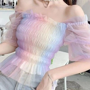 Pastel Rainbow Women Top Blouse | Women Short Sleeve Ruffle Tulle Shirt - Picture 1 of 10