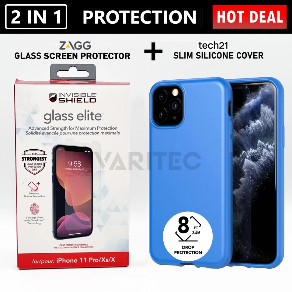 Zagg Glass Screen Protector + Tech21 Gel Case Back Cover for Apple iPhone 11 Pro - Image 1 of 1