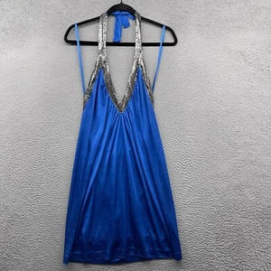 BCBGMAXAZRIA Damen Mini Neckholder Kleid blau ärmellos V-Ausschnitt Pailletten Größe M - Bild 1 von 10