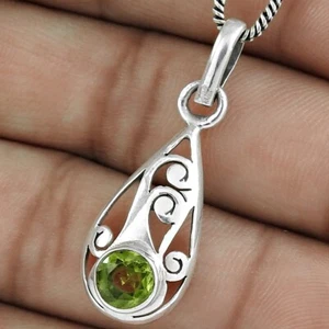 Birthday Gift Natural Peridot Gemstone Pendant Vintage 925 Silver K46 - Picture 1 of 7