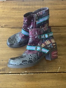 New Socofy Tapestry Patchwork Leather Ankle Boots Booties EU 40 Lagenlook - Picture 1 of 9