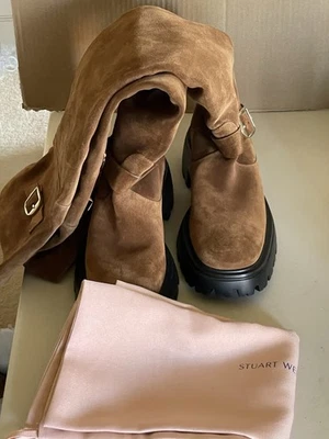 STUART WEITZMAN EMERSON MOTO 50 MM BUCKLE ACCENTED SUEDE TALL BOOTS COFFEE 8,5M - Image 1 of 4