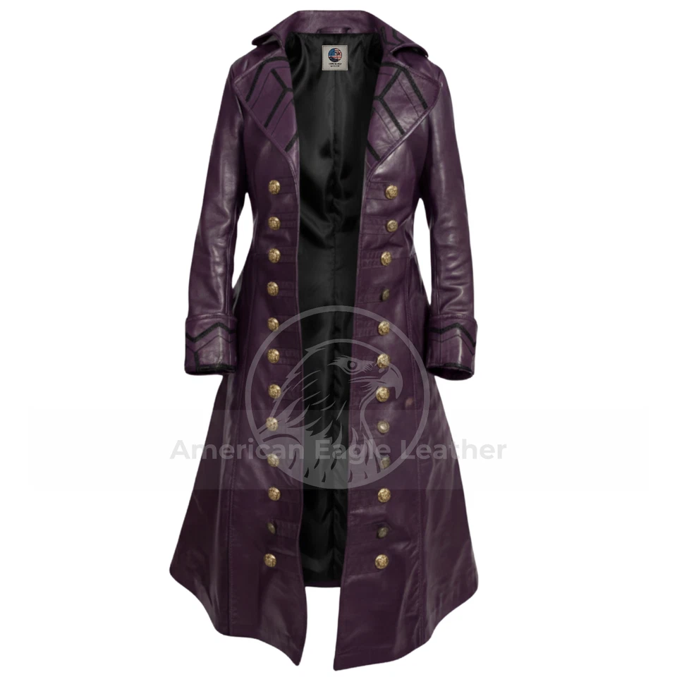 Men's Purple Leather Long Trench Coat Captain Hook Pirate Cosplay Costume Jacket - Image 1 of 4