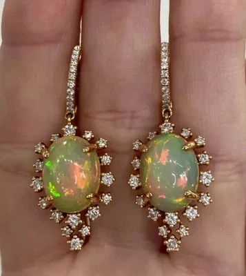 3.80Ct Oval Cut Fire Opal Drop Dangle Women's Earrings 14K Yellow Gold Plated - Image 1 of 4