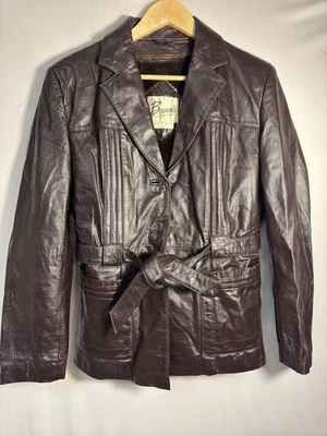 Vintage 70s Berman’s Brown Leather Belted Jacket Zip Out Faux Fur Lining 14 - Image 1 of 4