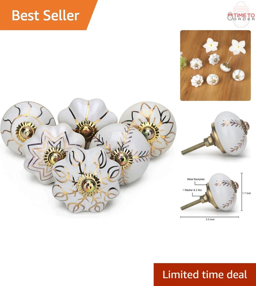 Paquete de 6 perillas de gabinete de cocina de cerámica dorada redondas florales estilo vintage Foto 1 de 4