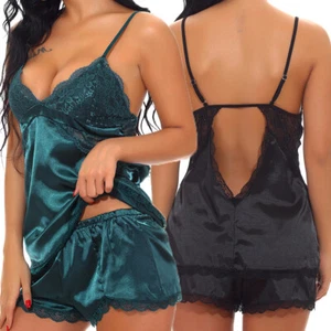 Womens Sexy Satin Lingerie Cami Short Set Nightwear Outfit Pajama Sleepwear Sets - Picture 1 of 24