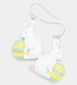 EASTER BUNNY STRIPED COLORED EASTER EGG SILVER TONE DANGLE PIERCED EARRINGS - Picture 1 of 1
