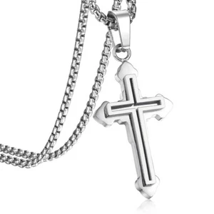 Silver Religious Cross Pendant Necklace 18-30" Stainless Steel Box Chain for Men - Picture 1 of 11