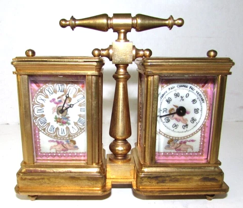 Miniature French? Double Carriage Clock Barometer Brass Enamel Cherubs 4" Tall Cover