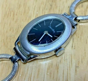 Vintage ZentRa Lady 17 Jewels Silver Black Oval Hand-Winding Mechanical Watch - Picture 1 of 5