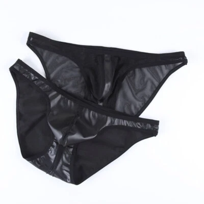 3Pack Men's Sexy Low Waist Faux Leather + Mesh Transparent Triangle Briefs - Image 1 of 4