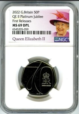 2022 GREAT BRITAIN 50P NGC MS69 DPL QEII QUEEN ELIZABETH PLATINUM JUBILEE FR - Image 1 of 2