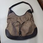Borbonese Nylon & Leather Shoulder Boho Bag | Brown & Gold | Quail Print