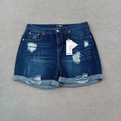 Pantalones cortos de mezclilla Boohoo azules para mujer talla 12 tiro alto desgastados puños cortes Foto 1 de 4