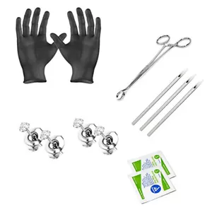 Ear Piercing Cz Kit Titanium Earrings 2 Pairs Included Needles Clamps Gloves - Picture 1 of 1