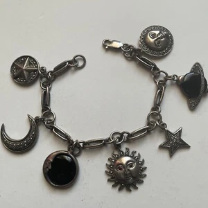 STERLING SILVER Sun Moon & Planet Charm Bracelet With Ruby Onyx And Marcasite - Picture 1 of 8