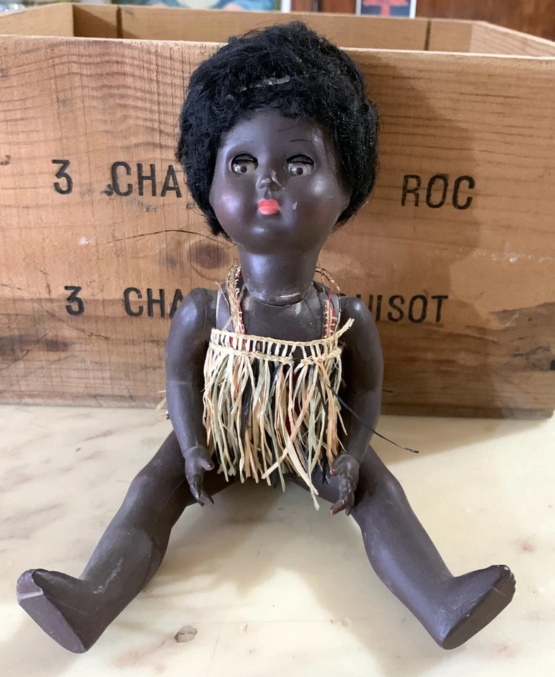 VINTAGE BAMBOLA doll AFRICANA BAMBINA FURGA ITALY 1940s 29 CM CELLULOIDE - Immagine 1 di 4