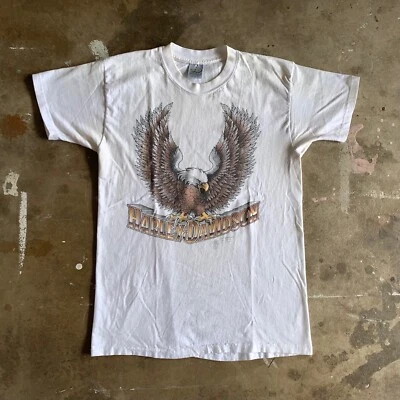 1989 RARA CAMISETA BLANCA HARLEY DAVIDSON MOTOCICLETAS EMBLEMA 3D BIKER EAGLE TALLA S Foto 1 de 4