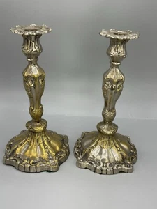 Vtg Pair Heavy Large Ornate Metal Candlesticks Antique Gothic Neo Style 10.5” H - Picture 1 of 8