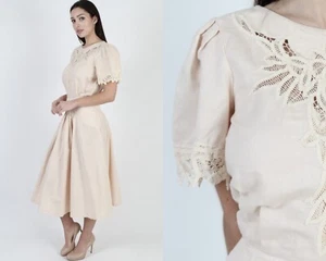 Vintage 80s Cutwork Lace Dress Sheer Floral Embroidered Linen Full Skirt Maxi - Picture 1 of 6