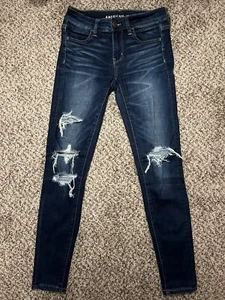 American Eagle Jeans Jeggings Size 4 Women’s Distressed Dark Wash Denim Pants - Picture 1 of 6