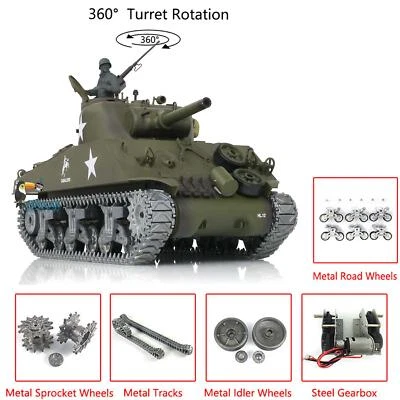 1/16 Henglong 7.0 Customized M4A3 Sherman RC Tank 3898 360° Turret Metal Tracks - Image 1 of 4