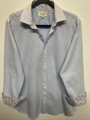 Camisa de vestir para hombre Ted Baker azul manga larga patrón con botones talla 16 32/33 Foto 1 de 4