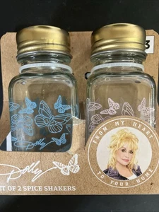 Dolly Parton Spice Shakers Salt and Pepper Set Glass Butterfly Gold Tops New - Picture 1 of 4