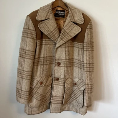 Chaqueta Blazer Lana Neutra Forrada a Cuadros Botón Madera Años 70 STUDIO One Campus 38 L  Foto 1 de 4