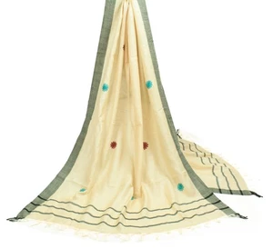 Estola Larga Sushila Vintage Lana Pura Dupatta Tejida Cachemira Bordada Crema - Imagen 1 de 9