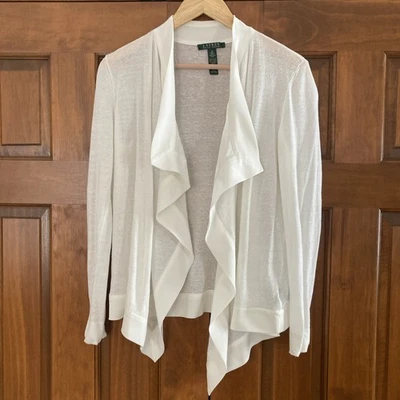 Cárdigan Lauren Ralph Lauren Crema Mezcla de Lino Frente Abierto Estilo Cascada Talla M Foto 1 de 4