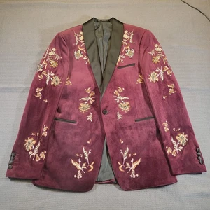 ASOS 38 Skinny Suit Burgundy Embroidered Velvet Holiday Party Fashion Even 23-24 - Picture 1 of 13