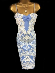 Lipsy Blue White Bodycon Dress 16 Lace Print Midi Party Occasion Wedding Prom - Picture 1 of 13