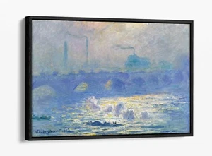 CLAUDE MONET WATERLOO BRIDGE FLOAT EFFECT CANVAS WALL ART PIC PRINT- BLUE - Picture 1 of 12