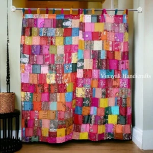 Indian Sari Patchwork Curtain Drape Window Decor Blackout Silk Sari Curtain 2 PC - Picture 1 of 5