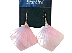 PINK MOTHER OF PEARL  PEARLESCENT SEASHELL DANGLE  EARRINGS 80's VINTAGE - Picture 1 of 4