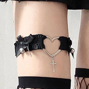 Liguero de encaje Sexy, anillo de pierna Punk oscuro con Cruz de corazón hueco, - Picture 1 of 14