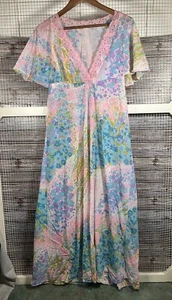 Vintage Italian Pastel Watercolor Floral Sheer Maxi Nightgown Dress Sz 36 Small - Picture 1 of 21