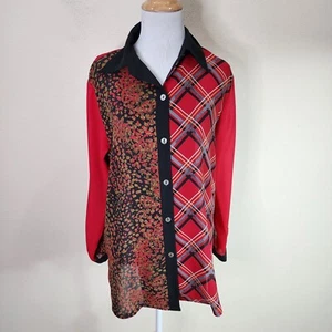 KOOS of Course Women's Red Mixed Media Print Long Sleeve Blouse Shirt Size Small - Picture 1 of 5