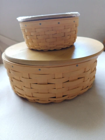 Longaberger Basket Set Yellow Large And Small Wood Covers Heavy Plastic Liners Cover