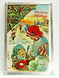 Tarjeta postal vintage enmarcada NAVIDAD saludo niños jugando lino partido trasero - Imagen 1 de 6