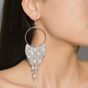Earrings Silver Tassel Hoop Long Crystal Dangle Drop Large Sparkly Big Statement - Picture 1 of 3
