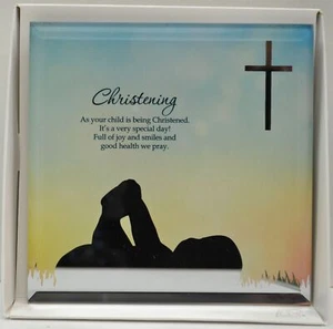 Silver Silhouette Plaque, Christening, 150 x 150mm, Stand or Hang, Mirrored Gift - Picture 1 of 2